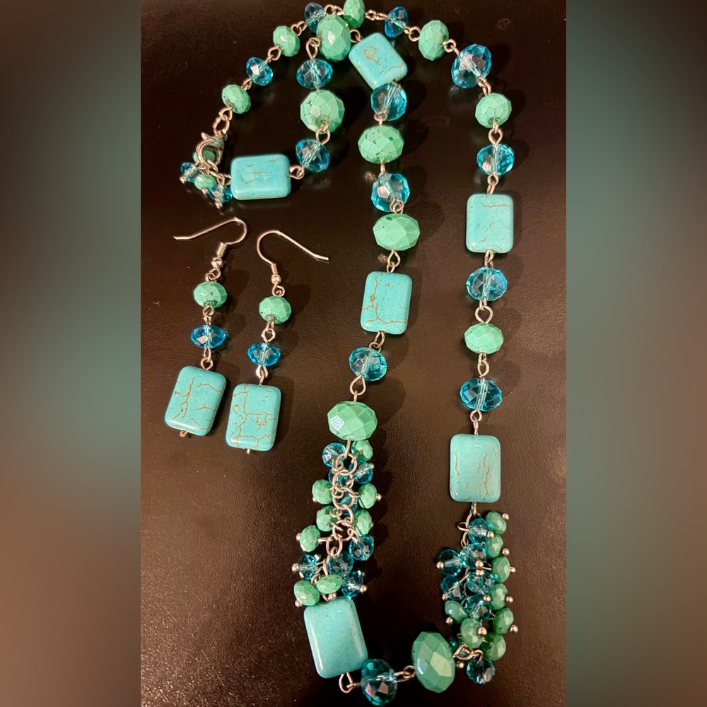 Two Piece Turquoise Beaded Necklace & Earring Set - Women's Jewelry - Picture 2 of 8